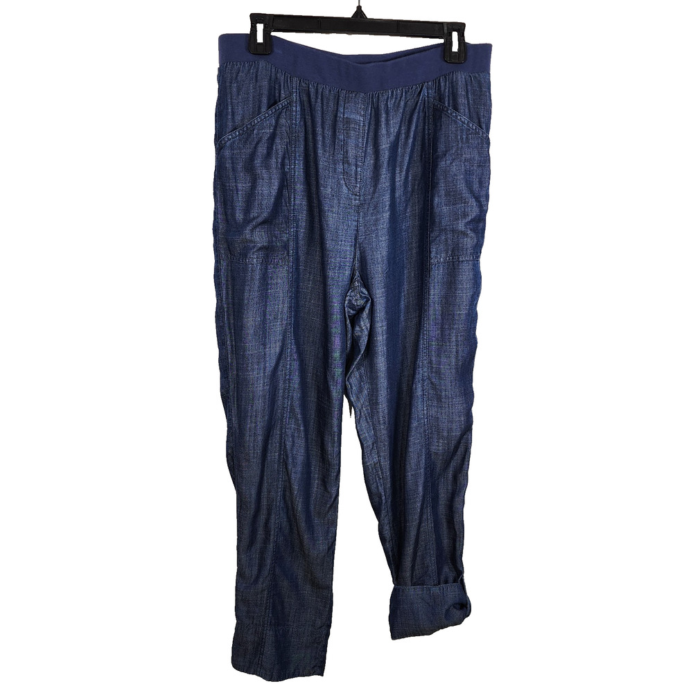 Chico's Womens Crop Pant 1 US 8 Blue Roll Tab Cargo Lyocell Pull On Straight Leg